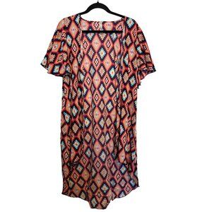 Lyss Loo Womens Aztec Print Flutter Sleeve Loose Fit Tunic Dress L/XL 100% Polye